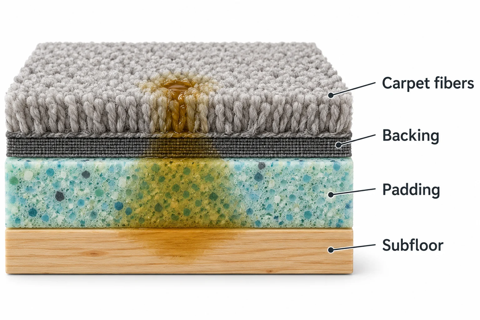 Diagram of pet urine passing through carpet fibers, backing and padding to the subfloor