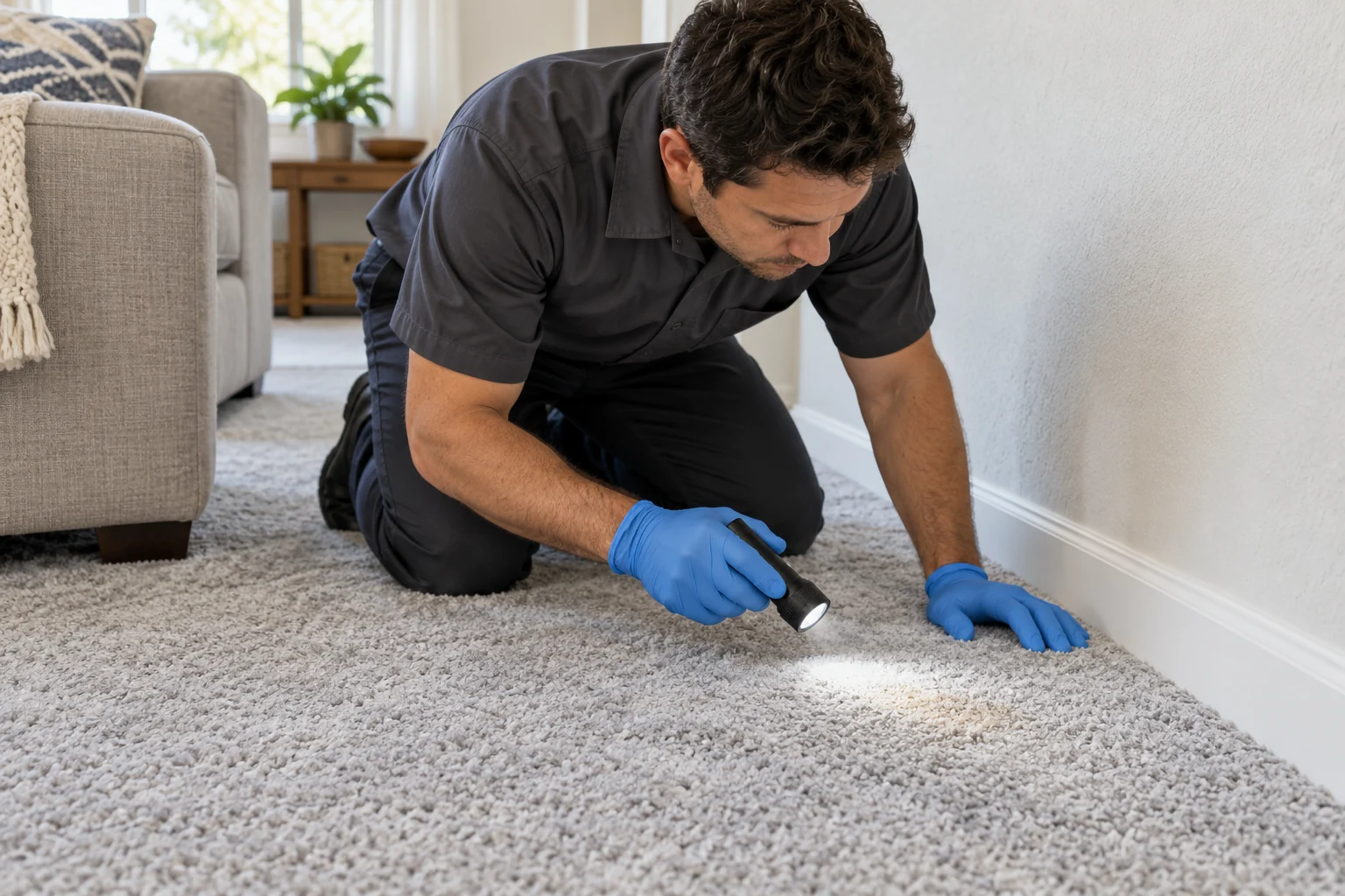 Illustration of a technician inspecting carpet for pet urine before an odor-removal estimate